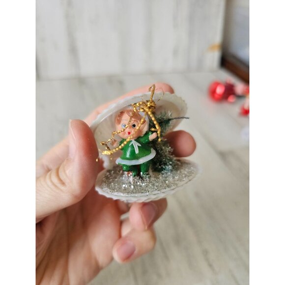 Antique elf clam shell ornament diorama pixie tree sparkle Xmas vintage tree - Picture 6 of 10